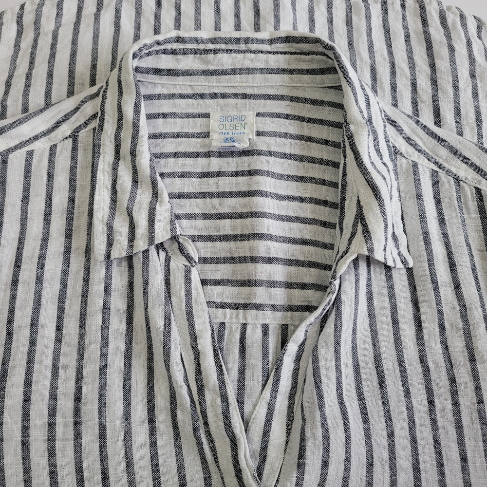 Sigrid Olsen 100% Linen Blue and White Striped Button Down Shirt - Picture 3 of 7